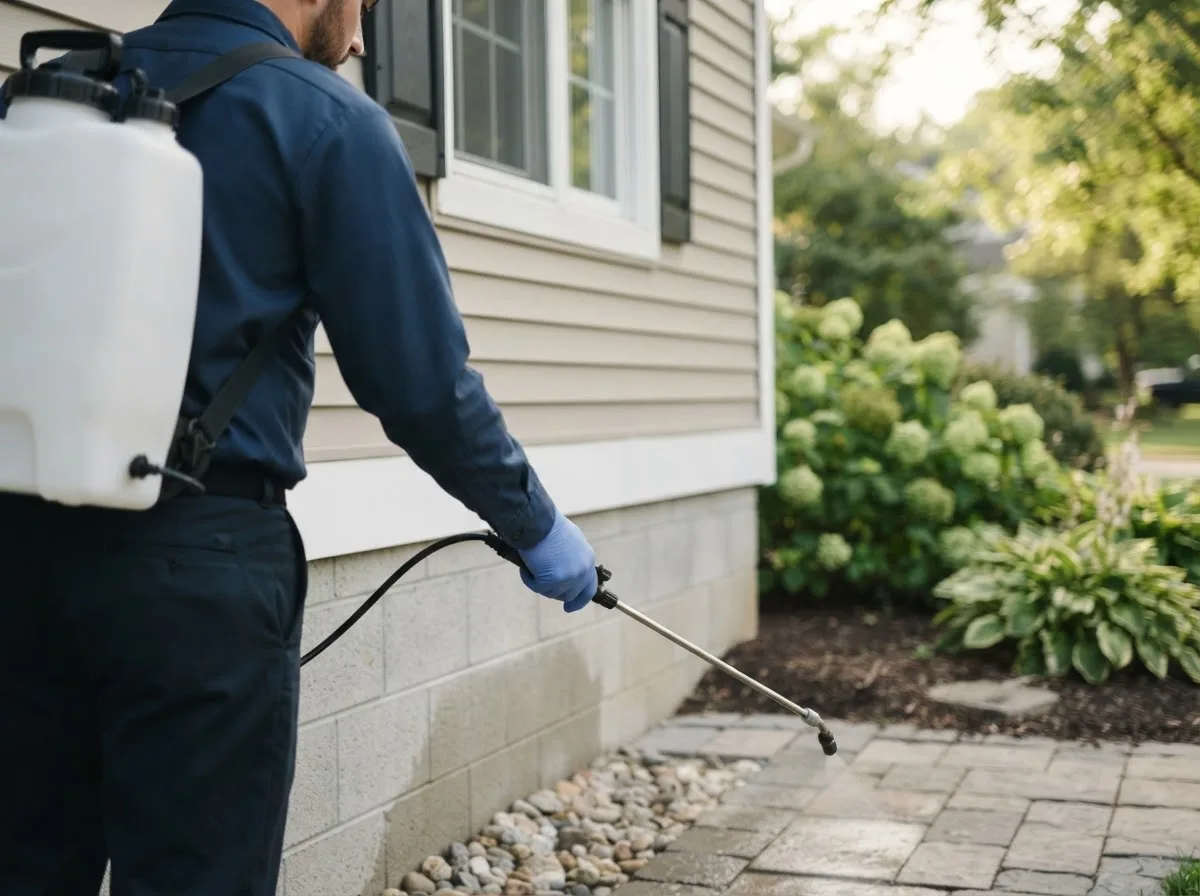 Pest control technician inspecting a home in Albers, IL